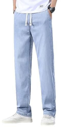 Jamron Lätta och smala sommarjeans i Lyocell för män, denimbyxor, raka ben med elastisk midja och dragsko, Ljusblå, S