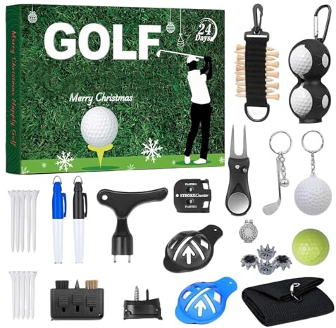 Golf Adventskalender 2025 för män tonåringar, praktisk sportjulkalender, 24 dagars nedräkningskalender med golftillbehör set, bollar, te, bollmarkörer, juladventsleksaker för golfentusiaster