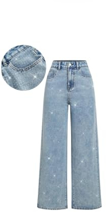 Jeans Palazzo de Mezclilla con Brillantes, Pierna Ancha, Cintura Alta, Lavado Claro, Decorado con Cristales Brillantes, Pantalones Vaqueros con Brillos (FR/ES, Letras, M, Regular, Regular)