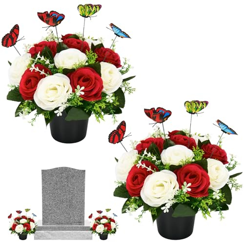 Flores artificiales para tumbas, paquete de 2 macetas de seda para cementerio con adornos de mariposa para decoración conmemorativa de primavera, decoración de tumba, ramo falso para homenajes