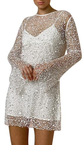 Vestito Paillettes Donna Anni 70 - Gonna con Paillettes da Perline Grandi E Piccole con Bretelle in Rete A Due Pezzi (White M)