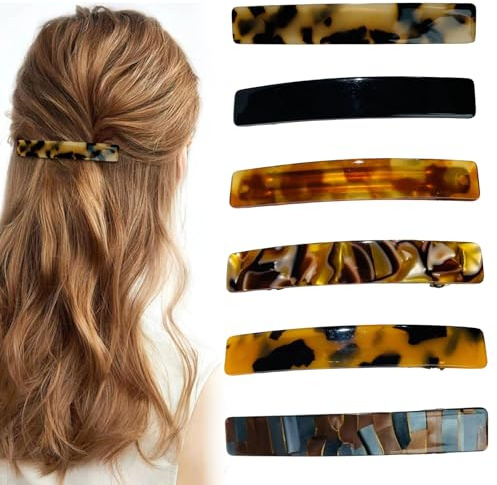 6-Pack French Barrette Hair Clips,7.5CM/3 Inch Skinny Hair Slides for Women & Girls, Tortoiseshell Acetate Hair Claws, Elegant Hair Accessories for Fine or Thick Hair (Flowing silver)