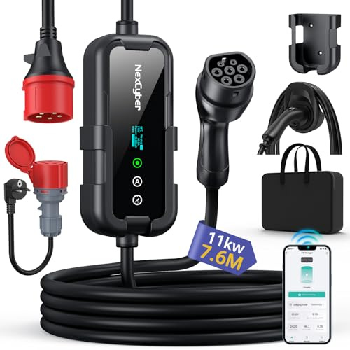 NexCyber Chargeur Voiture Electrique App 11kW 7,6m, 8-16A,400V Triphasé,Cable Recharge Voiture Electrique Type 2 avec OLED,adaptateur Schuko,CEE IP66+FI, avec Support Mural, pour Model 3/Y,etc.EV/PHEV