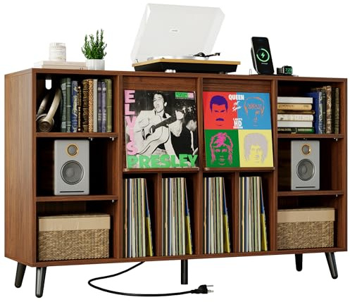 IRONCK Large Record Player Stand 55, Holds 600+ Vinyl Record Storage Cabinet with Charging Station, Mid Century Modern Turntable Stand for Living Room, Bedroom, Brown