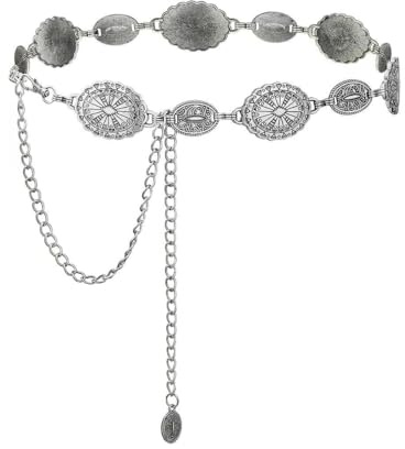 JYIXXZX Ceinture Métal Occidental pour Femme Ajouré Sculpté Ceinture Concho Réglable Ceintures de Chaîne Vintage en Argent Dorée Chaîne de Taille Bohème pour Jean Robe Tenue de Concert