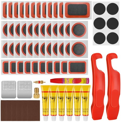 71Pcs Bike Puncture Repair Kit, Premium Bicycle Tyre Repair Kit for Inner Tubes, 2-in-1 Pre-Glued & Traditional Patches with Ergonomic Tyre Levers, Metal Rasp & Case for Mountain, Road & E-Bikes