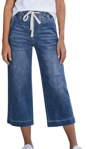 Generiska capri-jeans för kvinnor – breda ben, förkortade, glida in inuti; avslappnade jeans med dragsko och elastisk linning