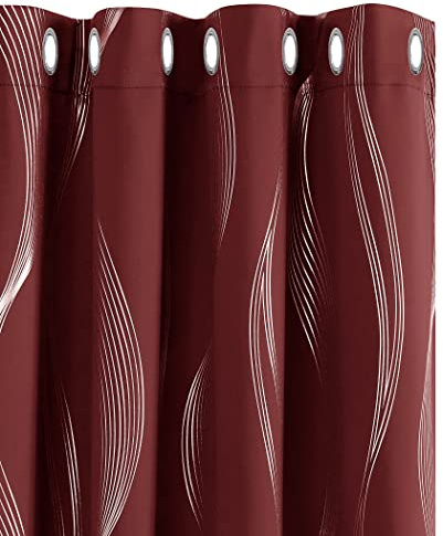 Deconovo Decorative Silver Wave Line Foil Printed Blackout Curtains Thermal Insulated Curtains Eyelet Curtains for Living Room 46 x 72 Inch Red 2 Panels