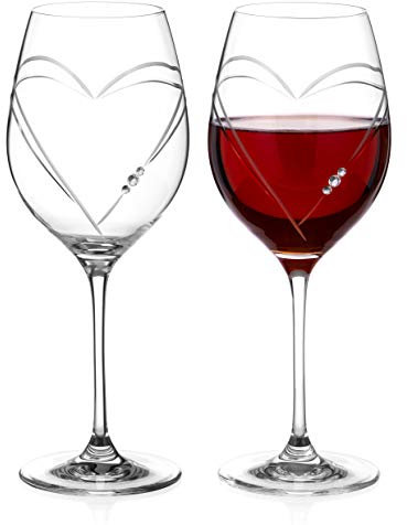 DIAMANTE Swarovski Red Wine Glasses Pair – ‘Hearts’ Collection Crystal Wine Goblets Set of 2