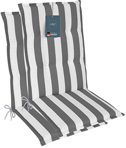 LILENO HOME Gartenstuhl Auflagen als [2er Set - Hochlehner] in Blockstreifen Grau - Bequeme Liegen als Sitzauflagen für Gartenmöbel - Stuhlkissen für Gartenstühle und Klappstühle