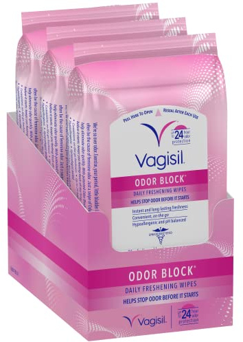 Vagisil Odor Block Daily Freshening Wipes for Feminine Hygiene in Resealable Pouch, Gynecologist Tested & Hypoallergenic, 20 Wipes (Pack of 3)