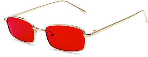 Ggpyyon Vintage Rechteckig Sonnenbrille für Damen Herren,Retro Schmale Brille UV-Schutz Sunglasses(Gold/Rot)