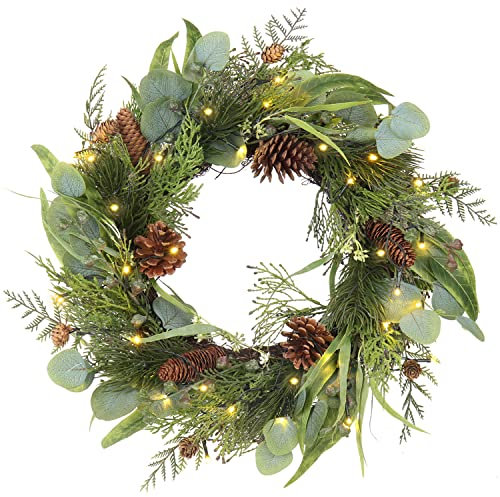 Christmas Wreath for Front Door, 45cm/18’’ Xmas Artificial Hanging Wreath Decorations with 30 LED lights, Pine Cones, Eucalyptus Leaves, Pre Lit Ornaments for Wall, Home Decor