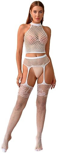 Walang Damen Dessous Fischnetz Set Spitze Strumpfgürtel Strumpfbänder + Oberteil Hohlkörper Netz Nachtwäsche Party Base Freie Größe Unterwäsche Set (Weiß)