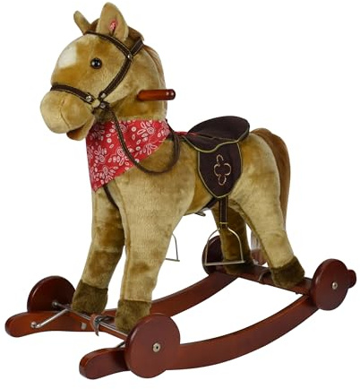 Cavallo a Dondolo per Bambini da 36 a 72 Mesi Cavalcabile in Legno e Peluche con Rotelle Suoni e Movimenti Realistici Marrone chiaro