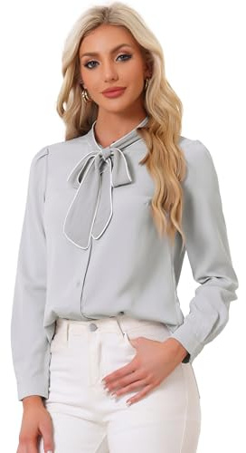 Allegra K Women's Elegant Pussy Bow Cuffed Long Sleeve Work Tie Neck Shirt Light Grey XS