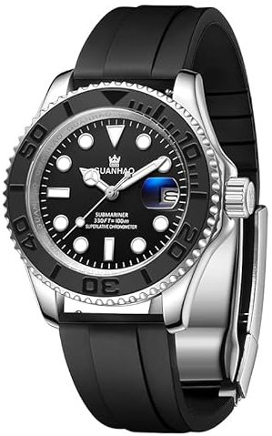 GUANHAO Men's Automatic Mechanical Diving Watch， 40mm Luminous Dial， 100M Waterproof， Luxury Fashion Business Casual Sport Designer Genuine Watch with Calendar， Rubber/Stainless Steel Strap