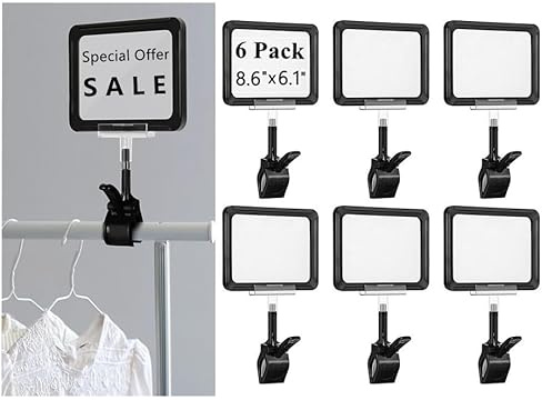 Lot de 6 supports de panneau en plastique avec pince, clips rotatifs pour étiquettes pop pour vente au détail, supermarché, exposition (21,8 x 15,5 cm)