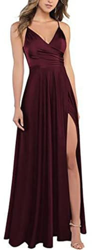 xxxiticat - Abito da donna, con spalline sottili, scollo a V, in satin, da damigella, abito formale ad A, da ballo, da sera, con fessura, XS