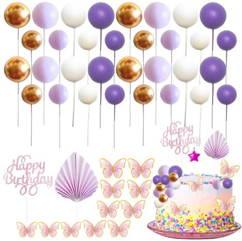 53Pz Palline Decorazioni per Torte, XingyLi Viola Oro Mini Palloncini Cupcake Toppers con Ventaglio di Palme, Farfalla e Inserto Torta di Buon Compleanno, Schiuma Palla per Compleanno Mmatrimonio