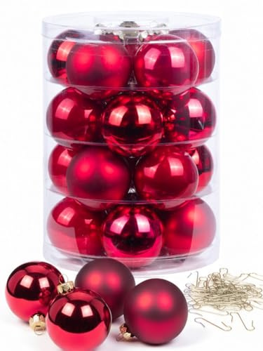 Inge Glas Weihnachtskugeln mit Haken | Schöne Christbaumkugeln aus Glas | Set 20 Kugeln und 40 Aufhänger | Christbaumschmuck Weihnachtsbaumkugeln (Ruby Red | rot)