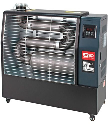 SIP FIREBALL IDX44 Industrial Infrared Heater with 3pc Flue Kit, Diesel/Paraffin, 230V 13A, 13kW / 44,357 BTU/hr, 303m³ / 10,821ft³ Heating Area, 50L Fuel Tank