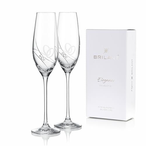 Brilant Gala - Juego de copas de champán con cristales de Swarovski, anillos grabados, diseño minimalista, copas de champán para bodas, copas de aperitivos para ocasiones especiales, 2 unidades