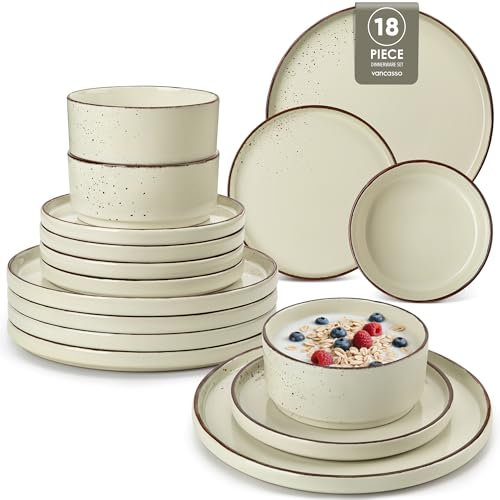 vancasso Navia Dinner Sets for 6 People, 18 Piece Rustic Stoneware Plates and Bowls Set, Kitchen Crockery Sets, Chip Resistant Dinnerware, Microwave & Dishwasher Safe, Speckled Cream