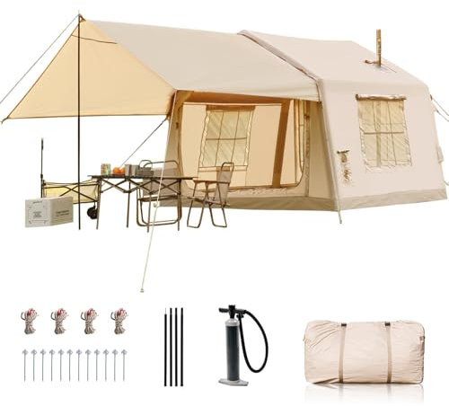Ytaoeo Inflatable Tent Outdoor camping tent for 4-6 people with chimney opening Inflatable camping tent made of waterproof Oxford fabric Air glamping tents for 4 seasons campings (6 Person + Canopy)