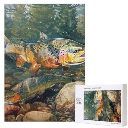 Brook Trout Fly Fishing Printed Jigsaw Puzzle with Storage Box, Wooden Puzzle for Adults and Kids, 300 Pieces Family Fun Decorative Game