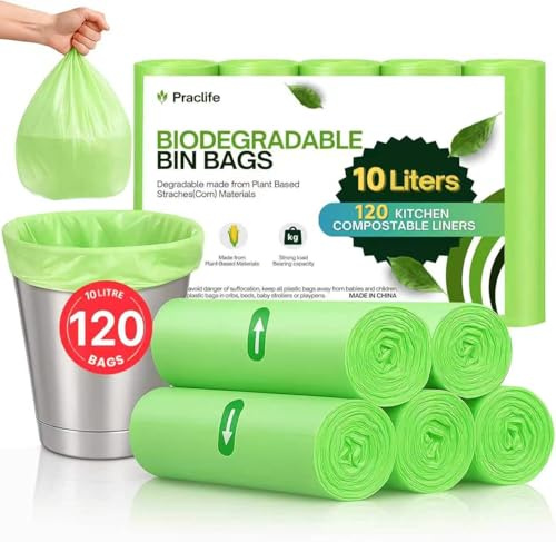 Praclife Sacchetti biodegradabili per rifiuti alimentari, 10 l, sacchetti per la spazzatura compostabili | Piccoli sacchetti per la spazzatura verde trasparente per riciclaggio degli alimenti, 120