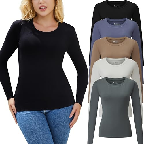 Chongbaijia 5 Pack Long Sleeve Shirts for Women Crew Neck Basic T Shirt Fall Stretch Tight Fitted Thermal Shirts Fashion Tops Clothes