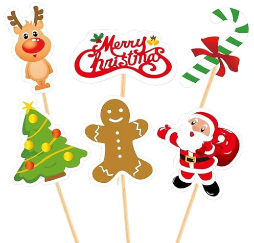 48 Pièces Cupcake Toppers, Décorations de Gâteau Noël, Gâteau Topper pour Anniversaire Fête Noël, Desserts Table, Pâtisserie
