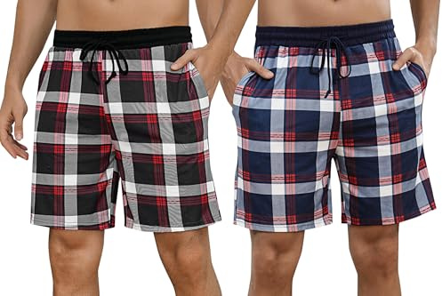 Marvmys Korta byxor för herrpyjamas byxor rutig pyjamas bomull korta byxor herr pyjamas bekväma elastiska pyjamasbyxor med fickor S-XXL
