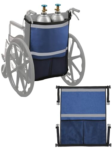 KUAZIDAR Support de Bouteille d'Oxygène pour Fauteuil Roulant, Porte-Cylindre avec Bandes Réfléchissantes et Poche de Rangement (Bleu, contient 2 bouteilles)