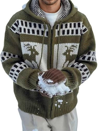 Generisch Giacca norvegese, da uomo, a maglia grossa, con cappuccio, a maglia, invernale, jacquard, casual, con cappuccio, O verde dell'esercito, XXL