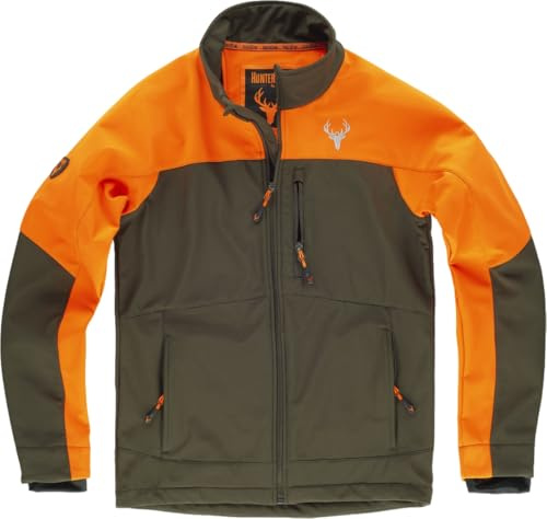 WORKTEAM Cazadora Softshell Caza y Pesca con Bolsillos, con Forro Polar interior Unisex Naranja Fluor+Verde Caza-3XL