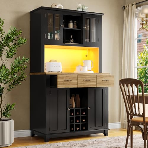 Huayz Armario de cocina con iluminación LED, armario alto de cocina buffet con 4 puertas y 3 cajones, aparador con estante de almacenamiento, armario de pie con estantes ajustables, 106 x 40 x 179,5