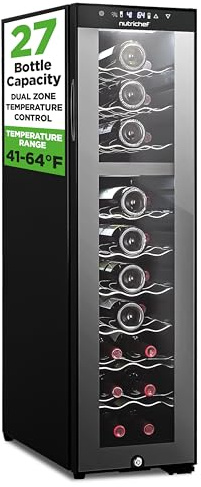 NutriChef 27 Bottle Wine Fridge | Dual Zone Wine Chiller | Adjustable Temperature 41°F to 64°F | Ultra Quiet Operation | Wine Cooler For Home, & Office | Free Standing 43x11x23 IN | Black