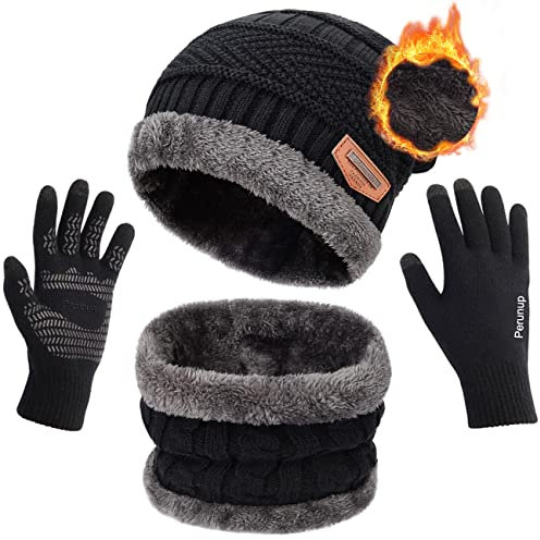 Petrunup Beanie Hat Circle Scarf and Gloves Set Mens Womens Touch Screen Gloves Ski Neck Warmer Slouch Beanie Cap Mittens Black