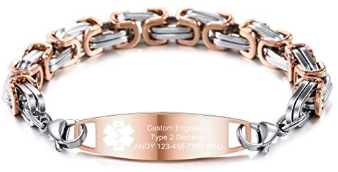 MOWOM Medical Alerte Bracelet Personnalisé Gravé Allergie La Vie Identification Nom ID pour Femmes Acier Inoxydable (Or Rose Couleur Plaine Étiquette & Argent Or Rose Couleur Maille Royale Chaîne)