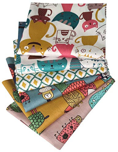Qililandiy 6 Stück Baumwollstoff 100% Baumwolle Nähstoffe mit verschiedenen Muster Patchwork DIY Stoffpaket 46x56cm Zugeschnittene Stoff Quadrate zum Nähen Handwerk Deko Katze