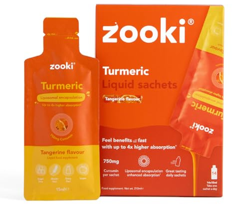 Zooki Liposomal Curcumin 750mg Liquid Turmeric Sachets, High Strength Turmeric Curcumin Supplement, Antioxidant Support, Vegan Liposomal Curcumin Liquid Turmeric (Tangerine Flavour, 14 Servings)
