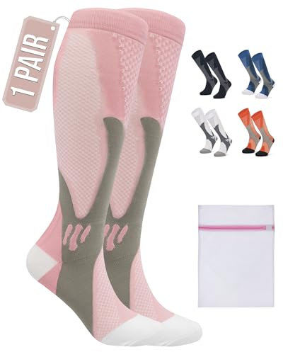 360 RELIEF 1 Pair Copper Compression Socks for Women & Men - Ideal for Running, Travel, Pregnancy, 15-20 mmHg, S/M, Pink, Includes Laundry Bag