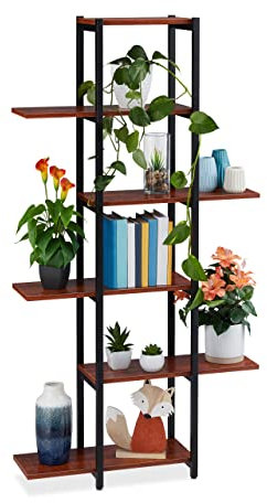 Relaxdays Pflanzenregal, Blumentreppe 6 Ablagen, HBT: 150x78x24 cm, Stahl & MDF, Blumenregal innen, schwarz/Dunkelbraun
