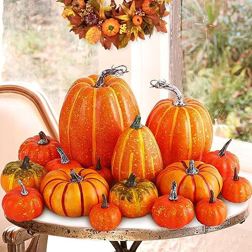 Ywlake 16 Pcs Pumpkin Fall Decorations, Decorative Large Small Outdoor Orange Foam Plastic Fake Faux Artificial Pumpkins for Halloween Autumn Harvest Festival Home Table Decor