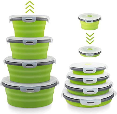 Collapsible Food Containers with Lids Set of 4, Silicone Lunch Box Storage Mixing Bowls for Camping Accessories, Rv Kitchen Storage Equipment, BPA Free, Microwave, Freezer, Dishwasher Safe, Green