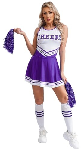 CHICTRY Déguisement Pom-pom Girl pour Femme avec 2 Pompons Robe Cheerleading Uniforme de Pompom Girl Scolaire Dansewear S-XL Violet XL
