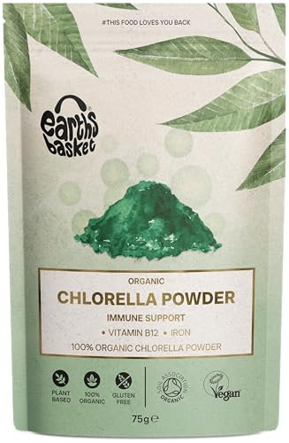 Earths Basket Organic Chlorella Powder (Cracked Cell Wall) - 100% Pure Chlorella Vulgaris - Rich in Vitamin B12 & Iron for Immune Support & Detox - Sustainably Grown in Freshwater Ponds - 75g