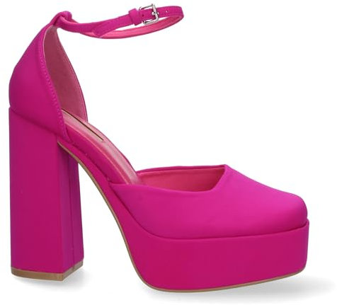 shoes&blues.es 75519 Sandalia de Tacon para Mujer con Cierre de Hebilla en el Tobillo Efecto Raso. Tacon Cerrado y Empeine Abierto. Fucsia Talla 38